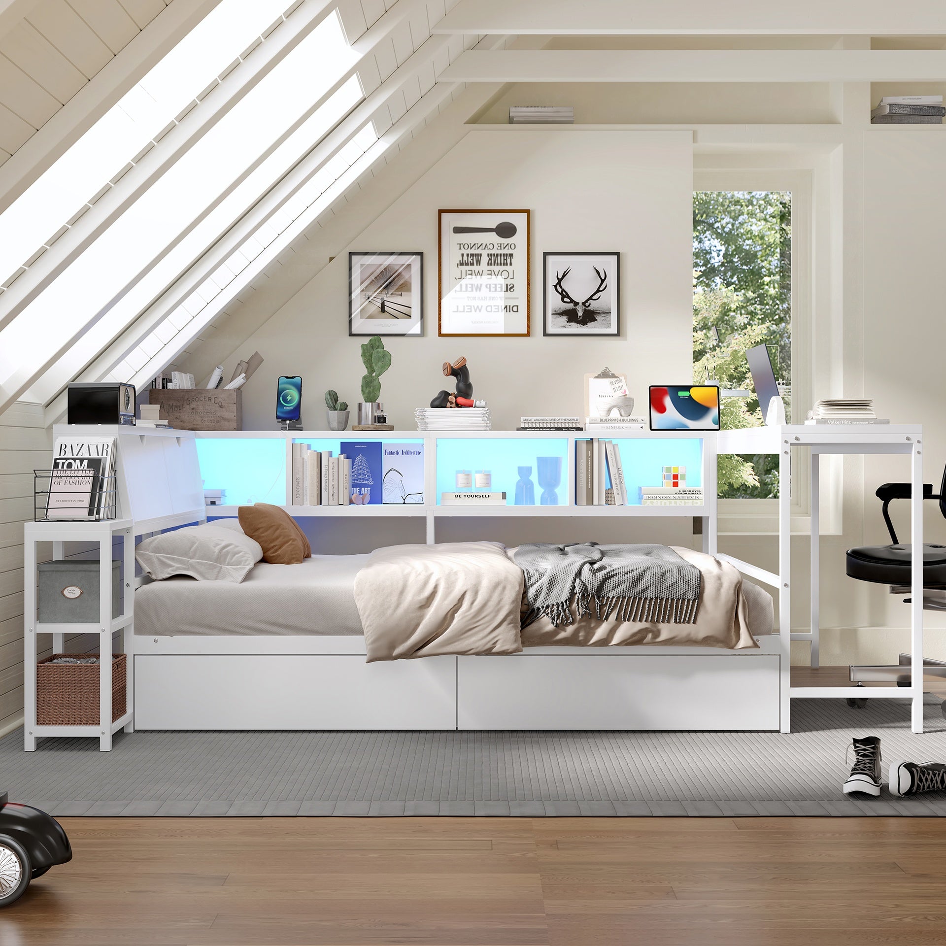 Corner Bed Frame Twin Size with Bookcase and 2 Underbed Storage Drawers, Modern Bed with LED Light and Charging Station, Left and right interchangeable, White