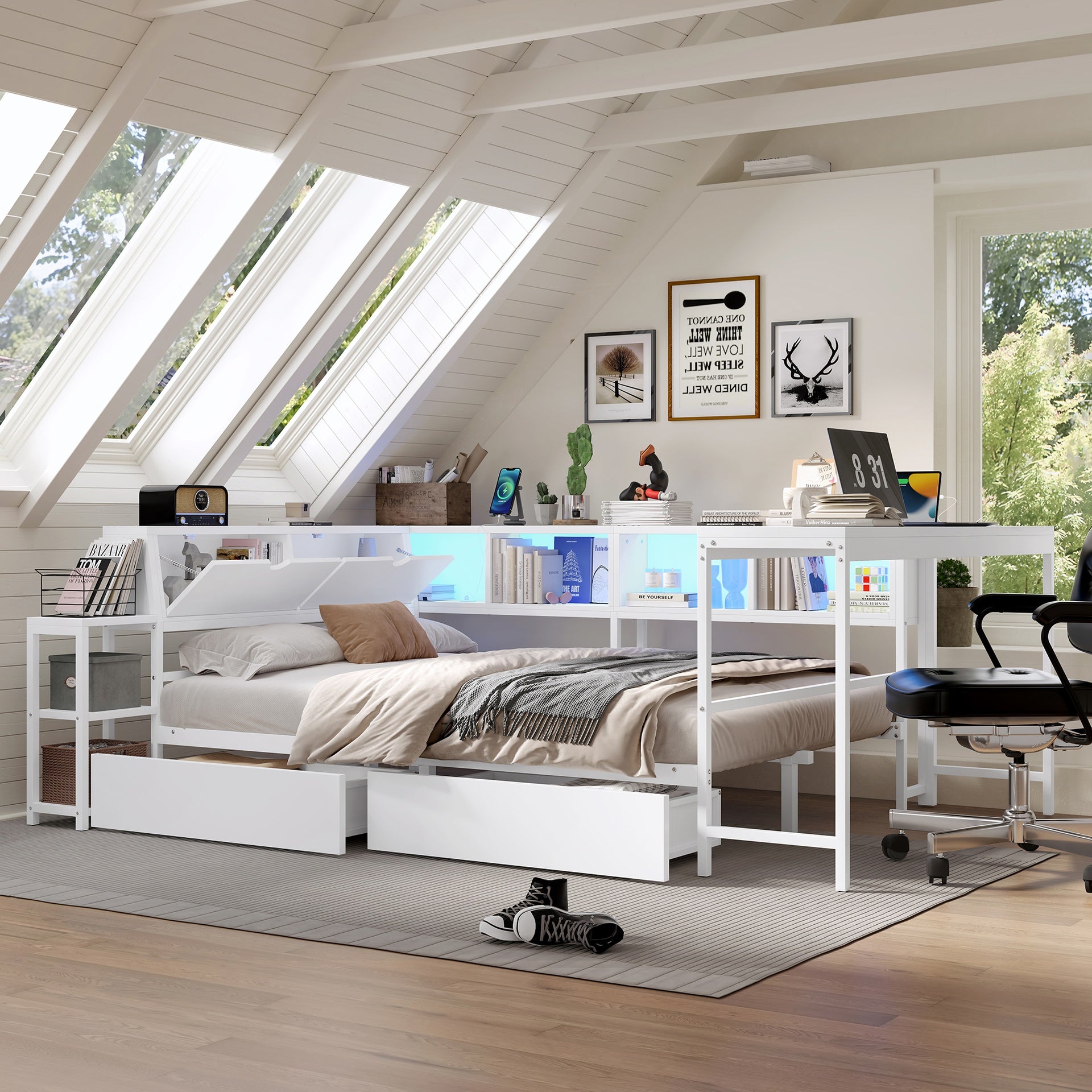 Corner Bed Frame Twin Size with Bookcase and 2 Underbed Storage Drawers, Modern Bed with LED Light and Charging Station, Left and right interchangeable, White