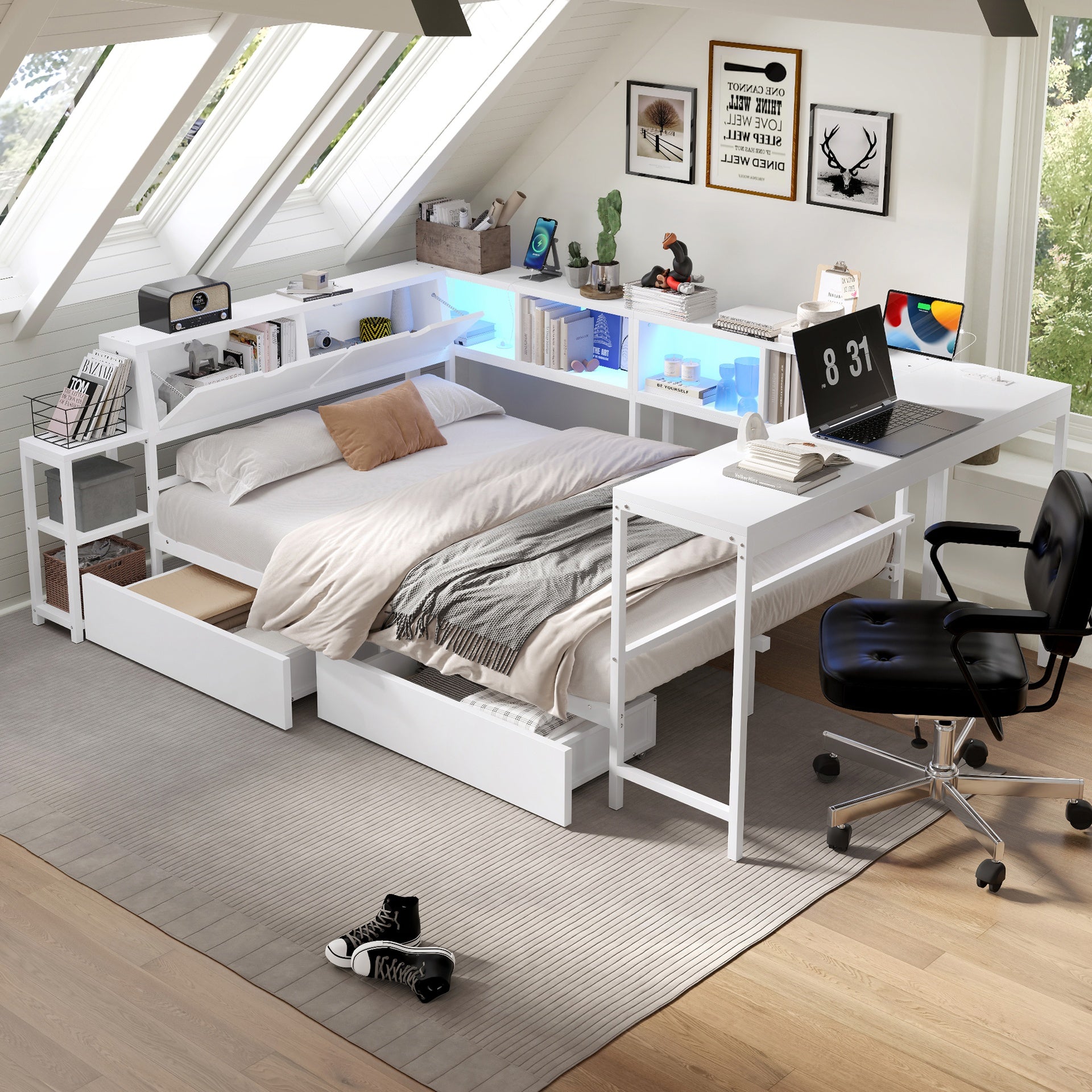 Corner Bed Frame Twin Size with Bookcase and 2 Underbed Storage Drawers, Modern Bed with LED Light and Charging Station, Left and right interchangeable, White