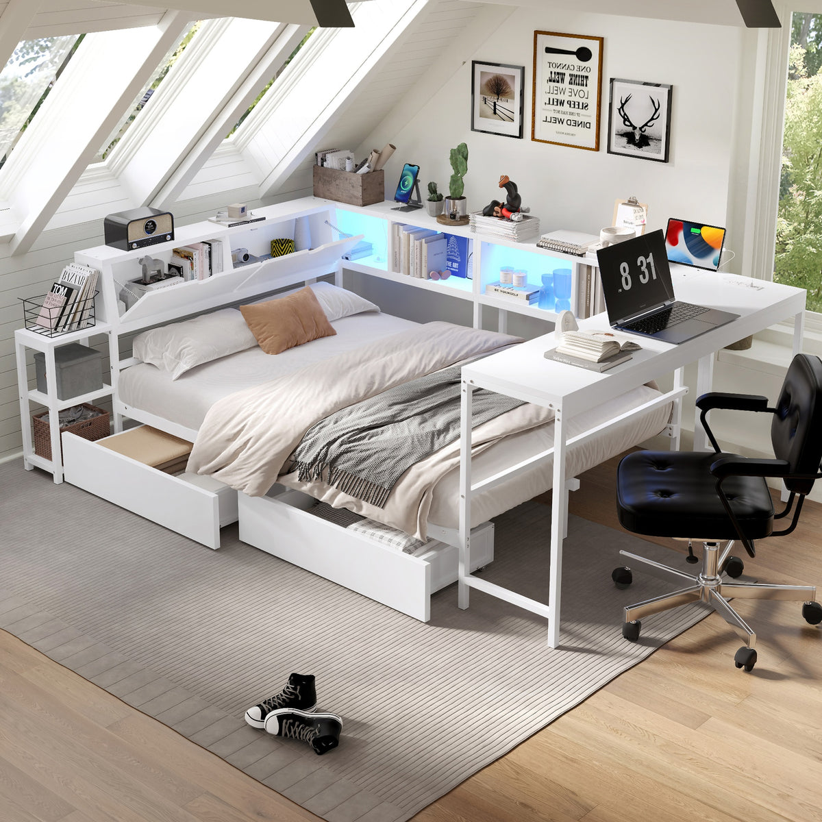 Corner Bed Frame Twin Size with Bookcase and 2 Underbed Storage Drawers, Modern Bed with LED Light and Charging Station, Left and right interchangeable, White