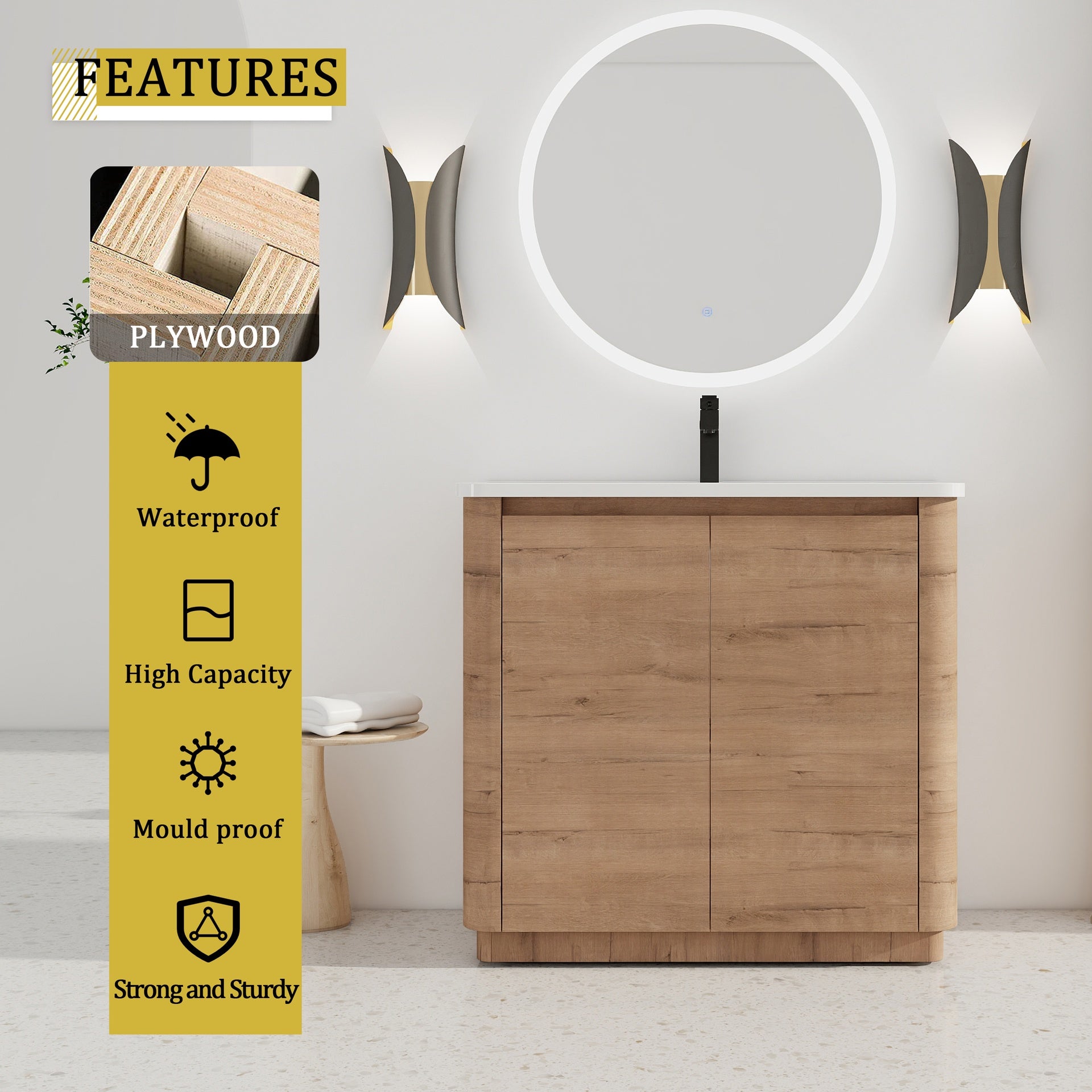 36'' Freestanding Bathroom Vanity with White Ceramic Sink & 2-Soft-Close Door, KD-Packing, Plywood