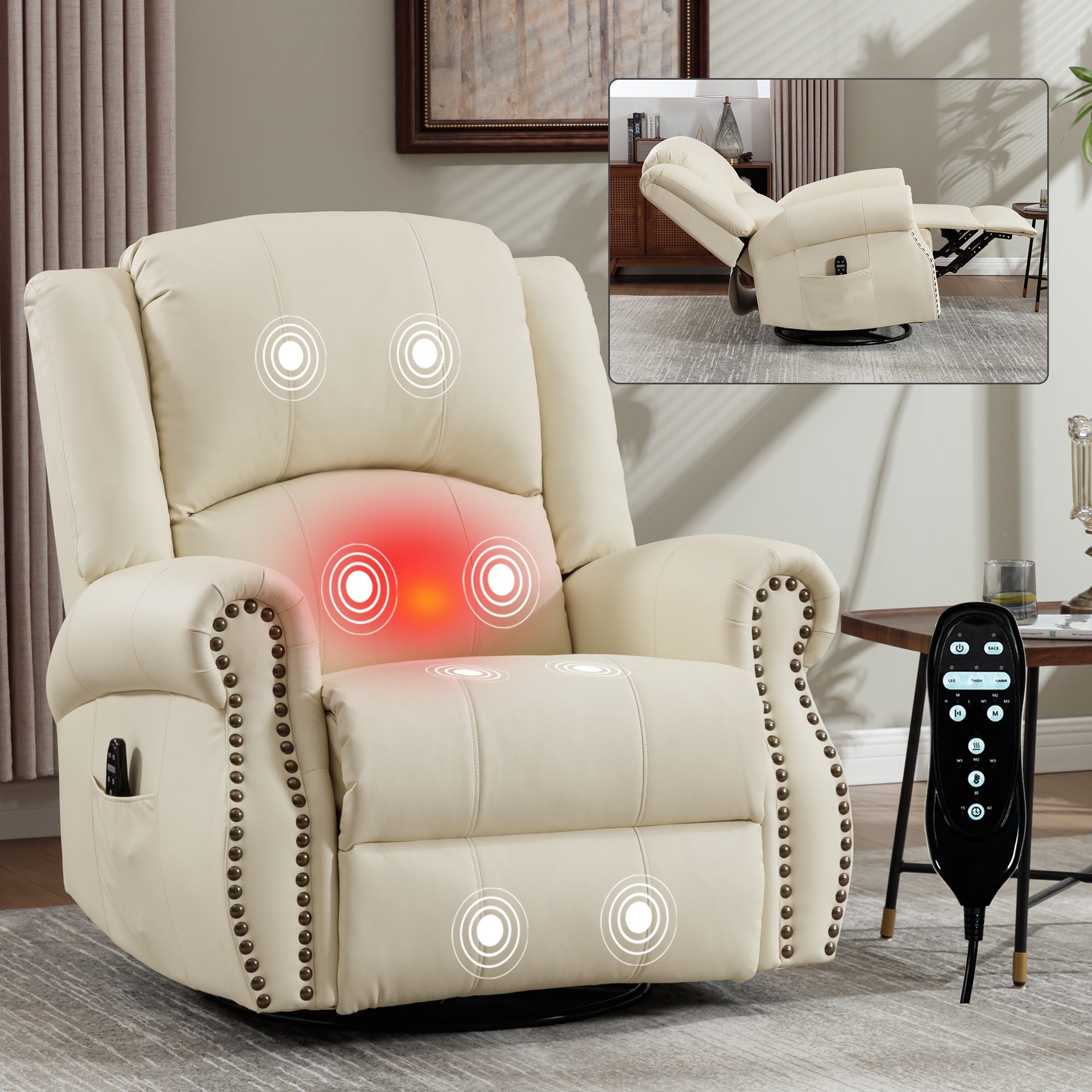 Heat Massage Manual Recliner Chair with Rocker and Swivel in Fabric for Living Room, Beige