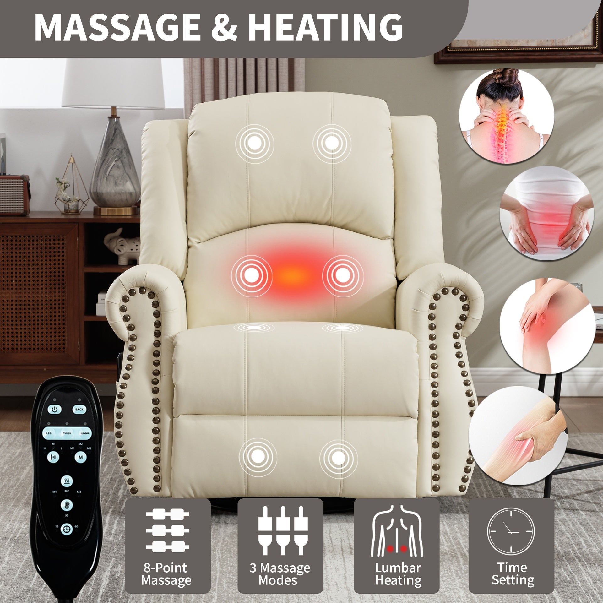 Heat Massage Manual Recliner Chair with Rocker and Swivel in Fabric for Living Room, Beige