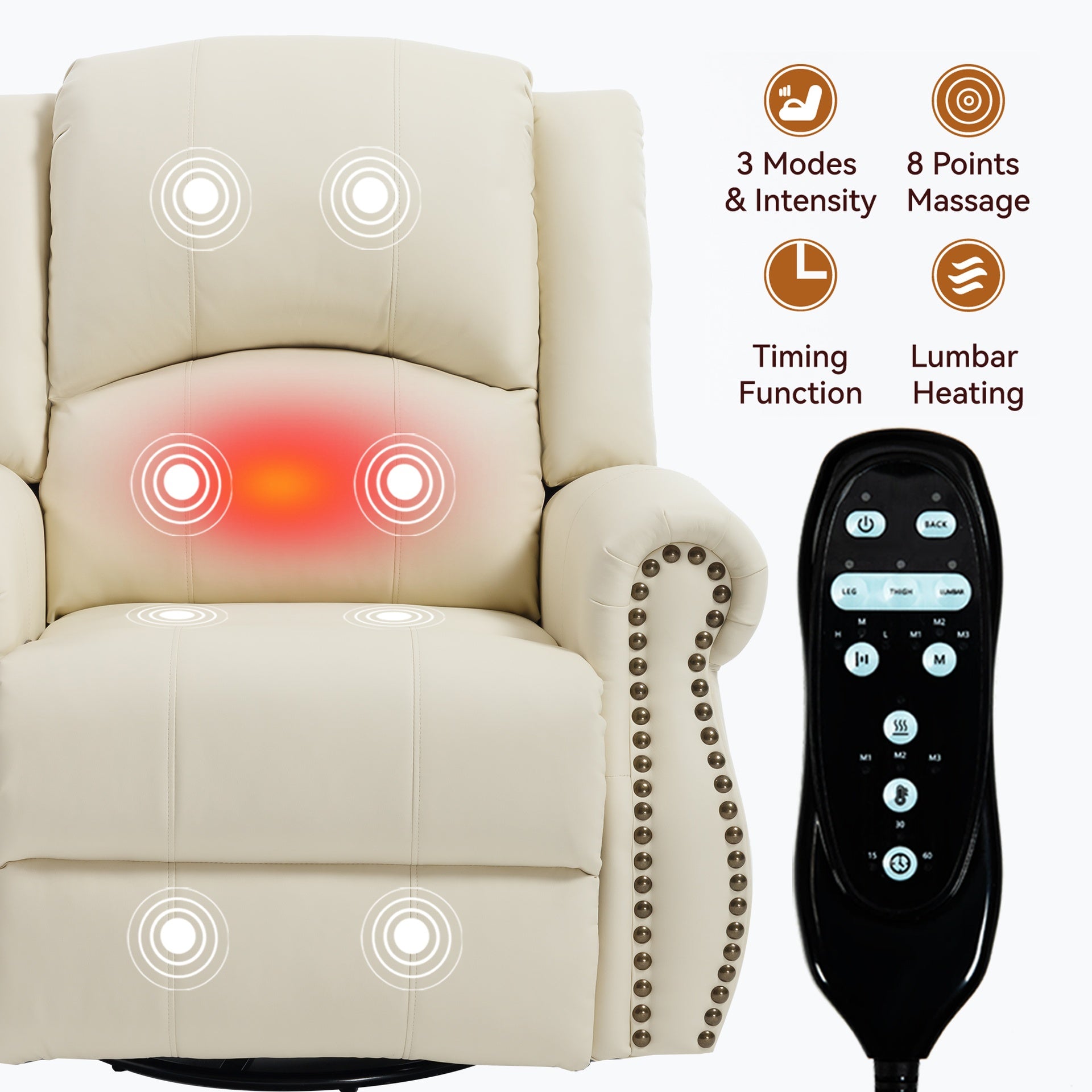 Heat Massage Manual Recliner Chair with Rocker and Swivel in Fabric for Living Room, Beige