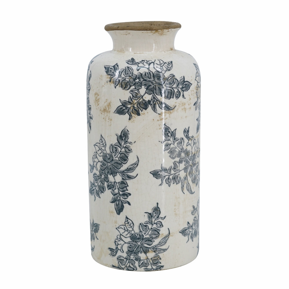 5.7x5.7x12.4" Vintage Inspired White Ceramic Vase with Black Floral Motif