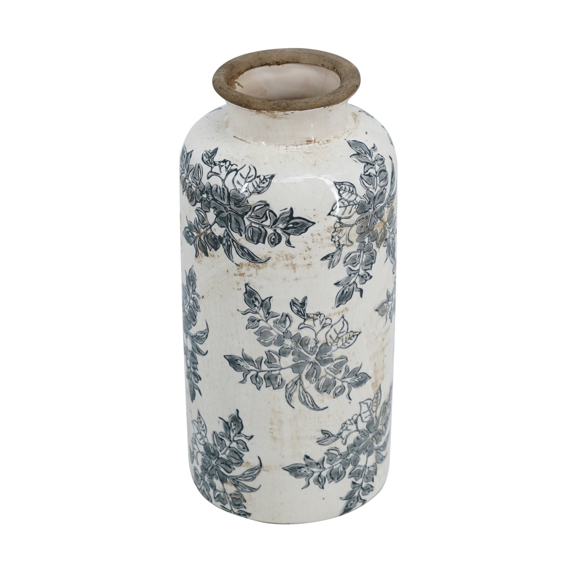5.7x5.7x12.4" Vintage Inspired White Ceramic Vase with Black Floral Motif