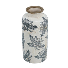 5.7x5.7x12.4" Vintage Inspired White Ceramic Vase with Black Floral Motif