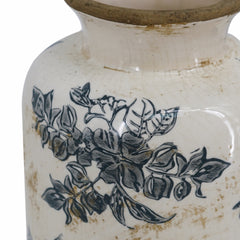 5.7x5.7x12.4" Vintage Inspired White Ceramic Vase with Black Floral Motif