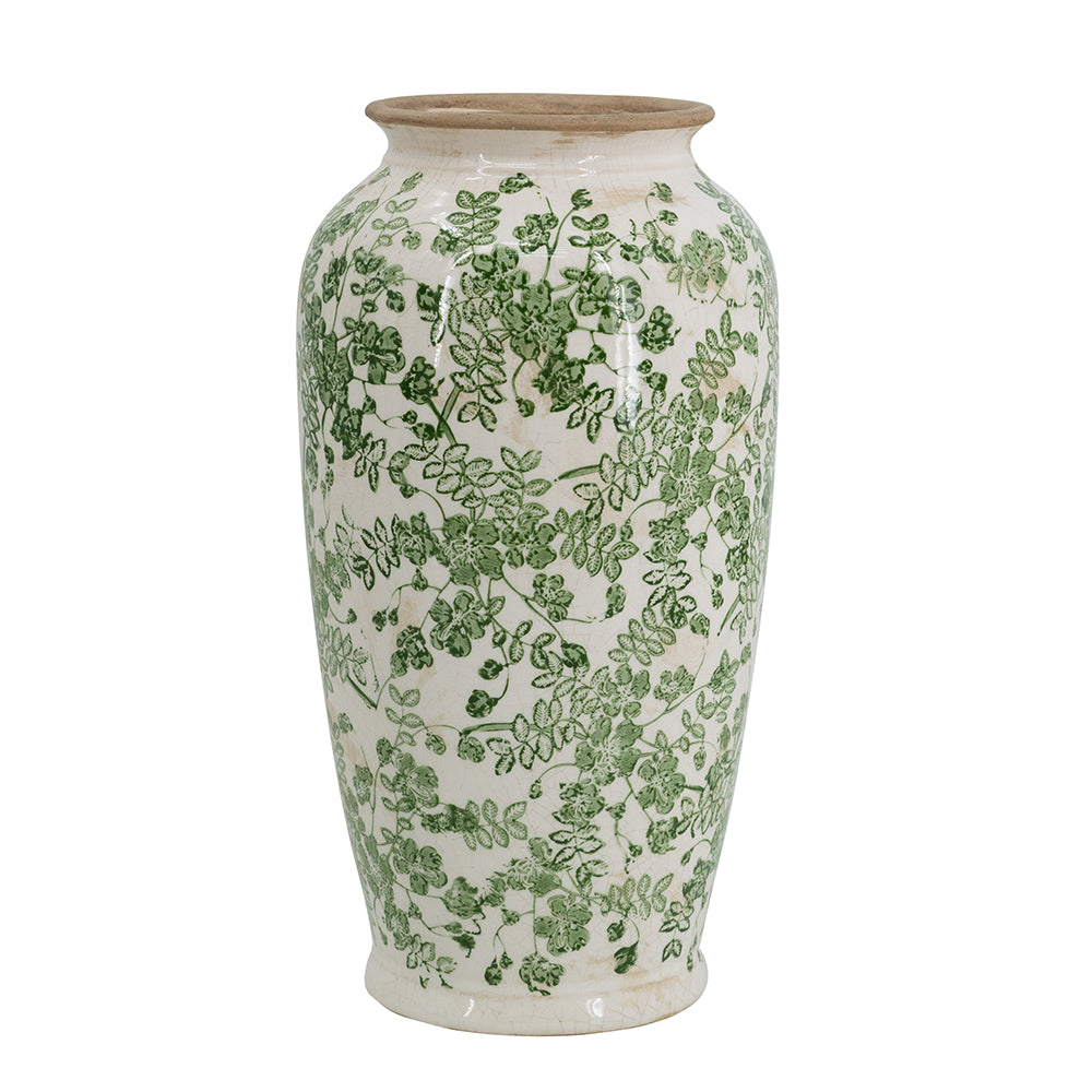 7.7x7.7x14.6" White Ceramic Flower Vase with Green Floral Pattern