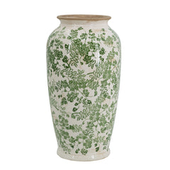 7.7x7.7x14.6" White Ceramic Flower Vase with Green Floral Pattern