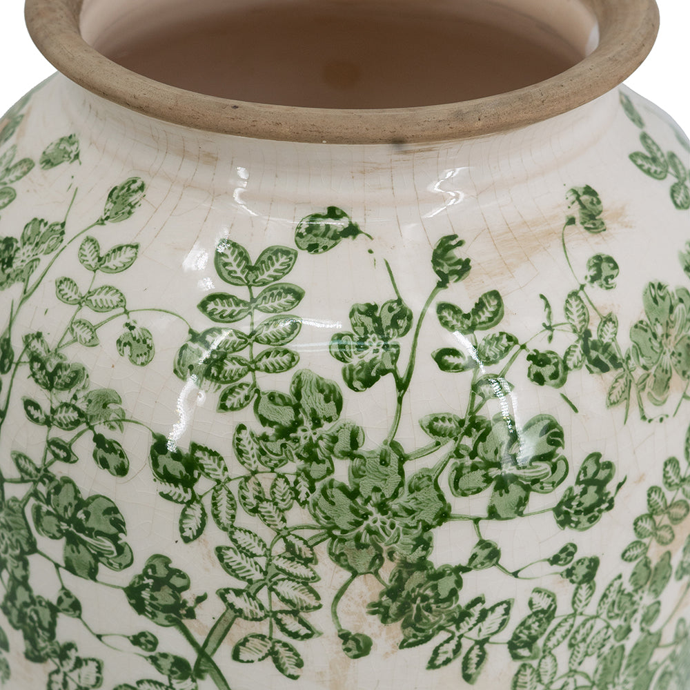 7.7x7.7x14.6" White Ceramic Flower Vase with Green Floral Pattern