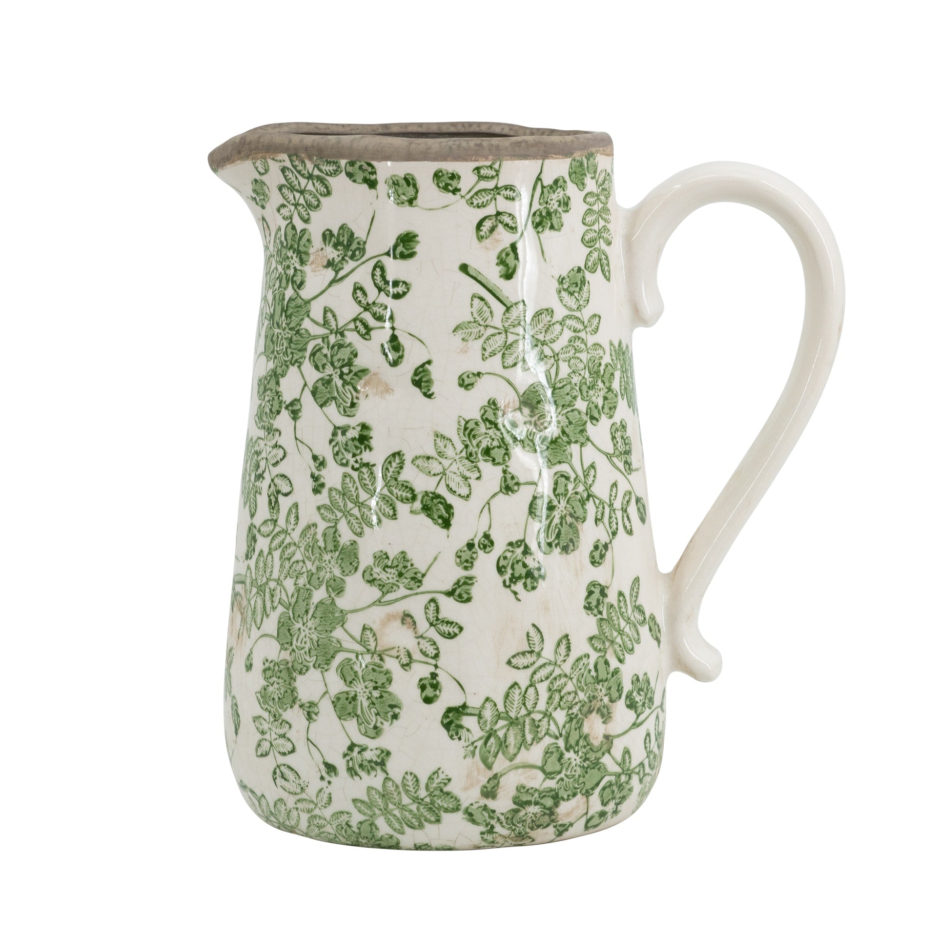 8.1x5.7x9.1" White Ceramic Pitcher Vase with Green Floral Pattern