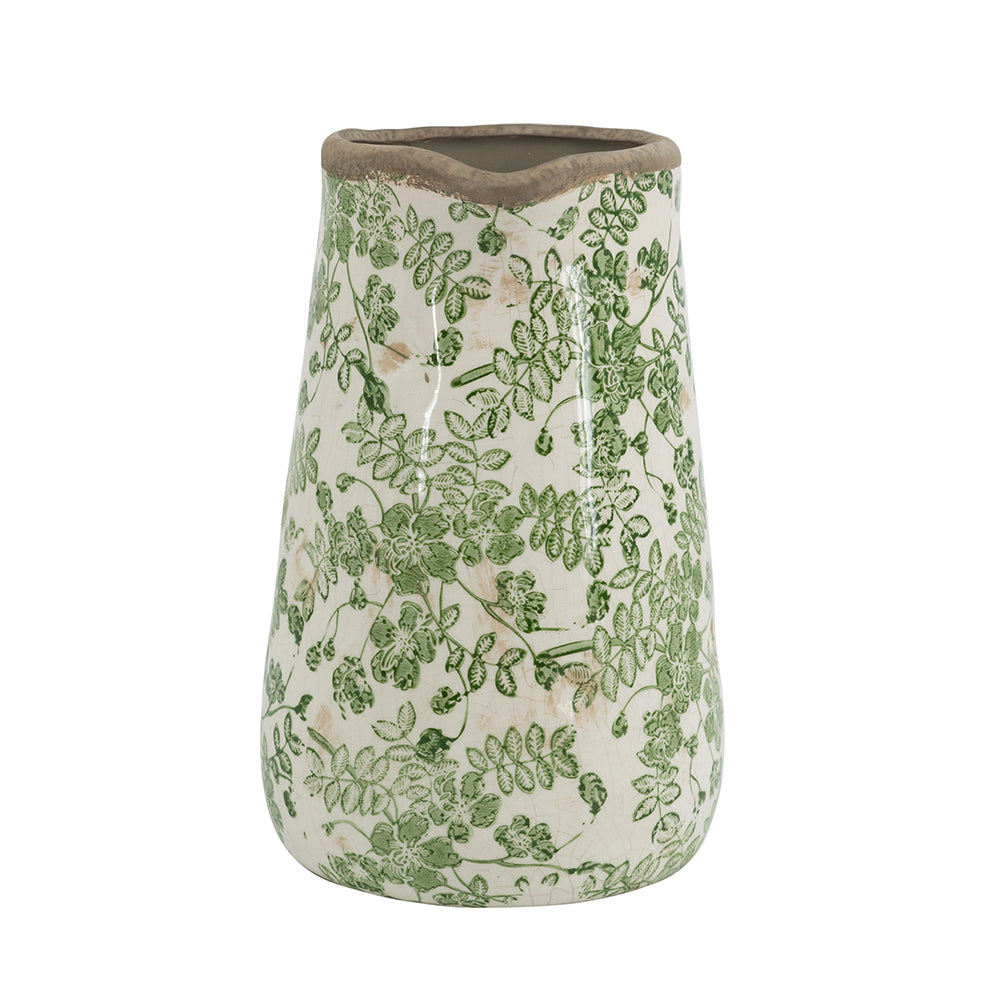 8.1x5.7x9.1" White Ceramic Pitcher Vase with Green Floral Pattern