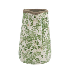 8.1x5.7x9.1" White Ceramic Pitcher Vase with Green Floral Pattern