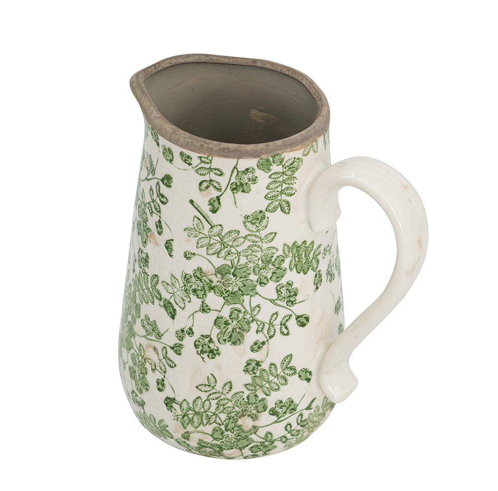 8.1x5.7x9.1" White Ceramic Pitcher Vase with Green Floral Pattern