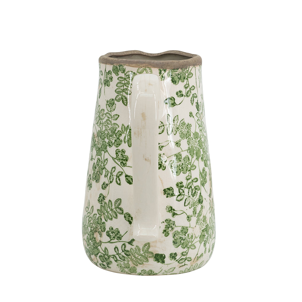 8.1x5.7x9.1" White Ceramic Pitcher Vase with Green Floral Pattern
