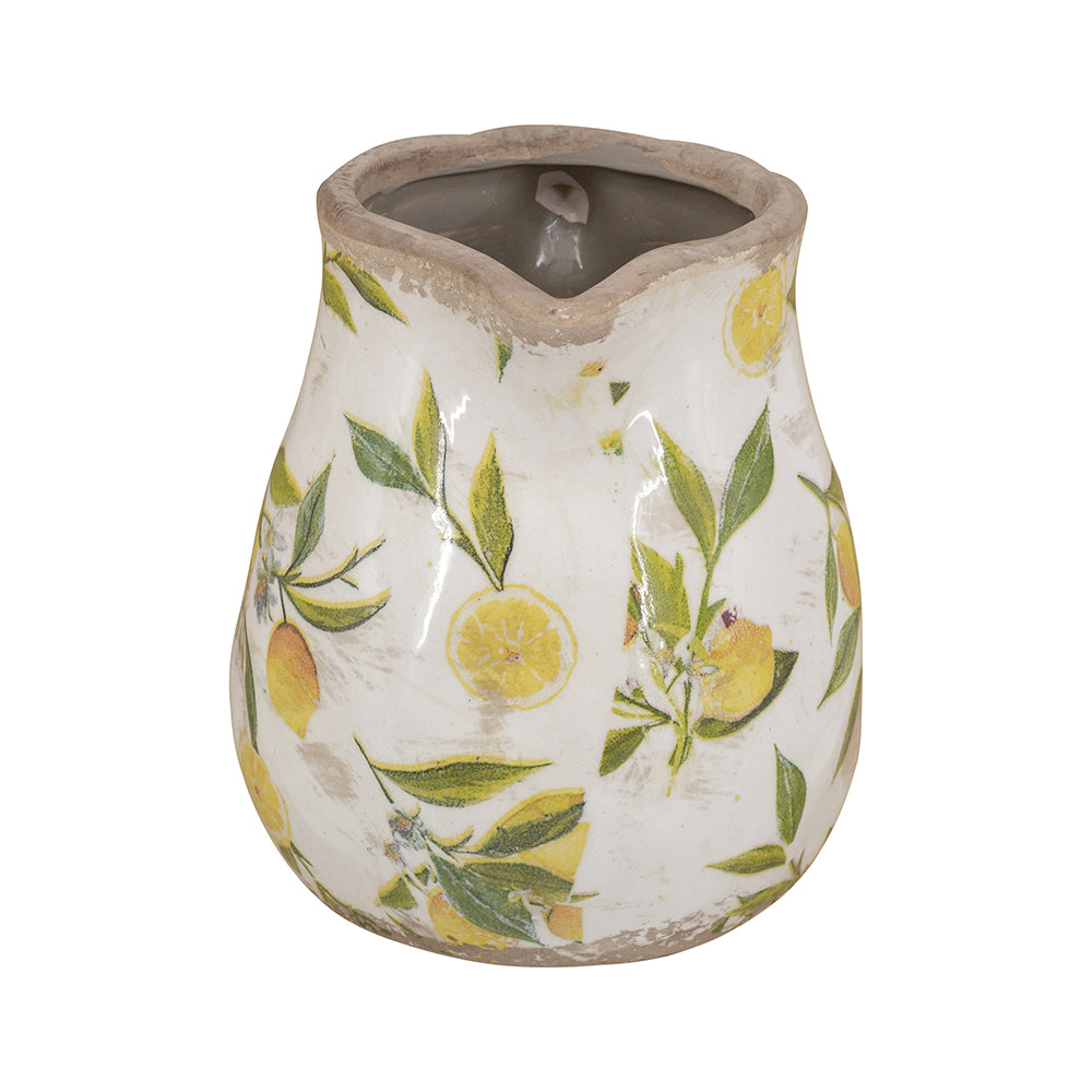 6.3x5.1x6.1" White Ceramic Pitcher Vase with Yellow Lemon Motif
