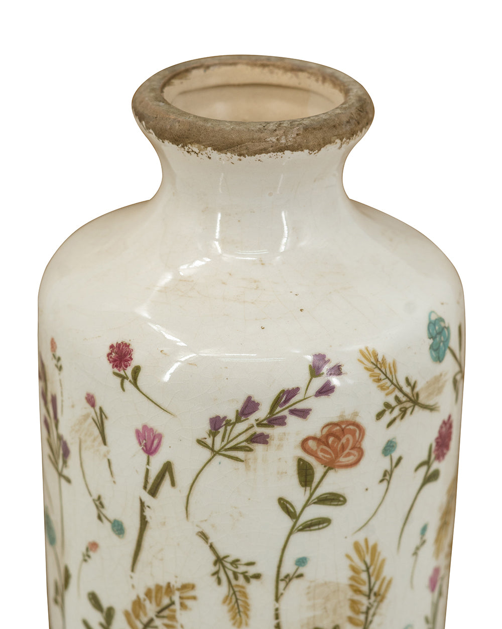 D4.3x8.3" Ceramic Cylinder Vase with Multi-Colored Floral Motifs