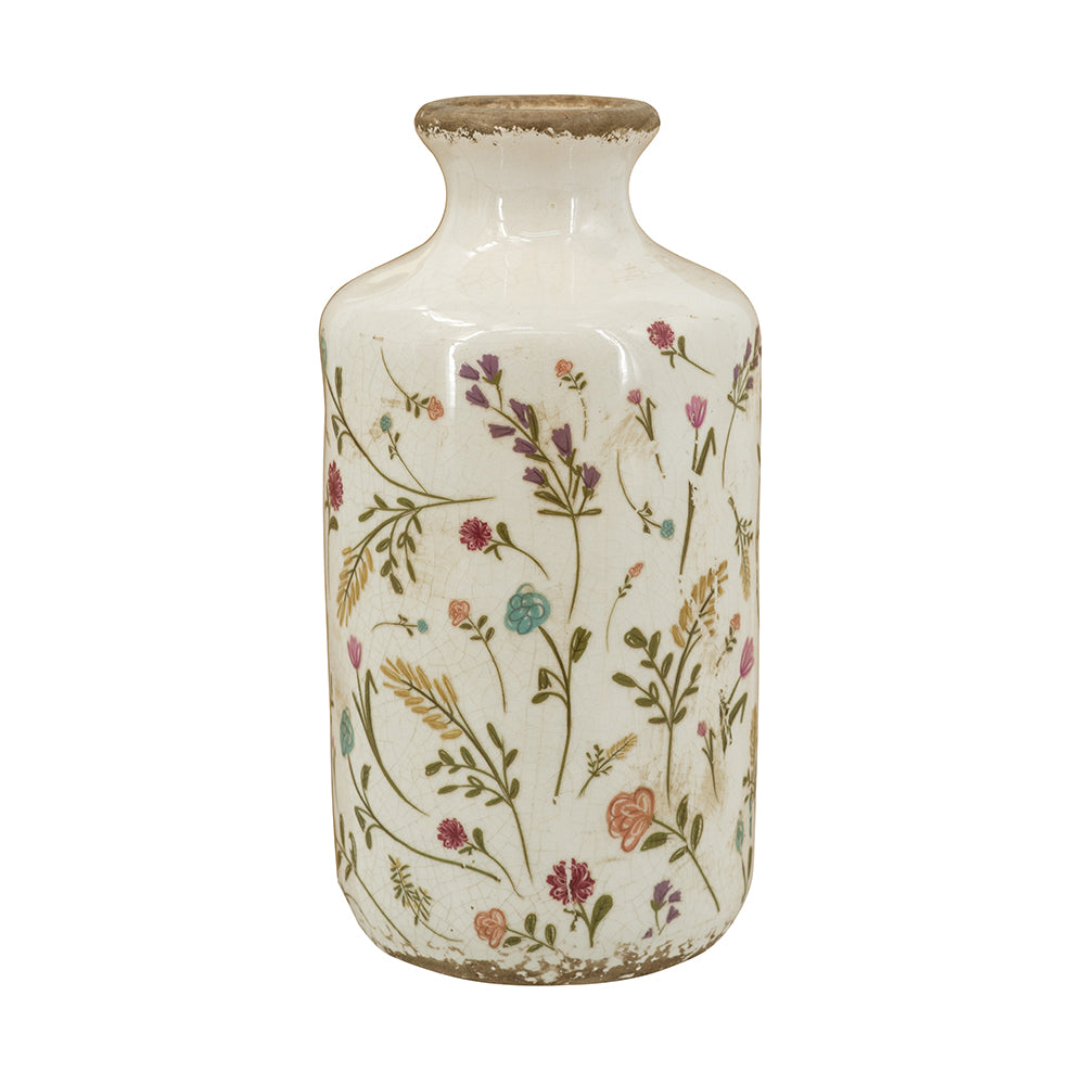 D4.3x8.3" Ceramic Cylinder Vase with Multi-Colored Floral Motifs