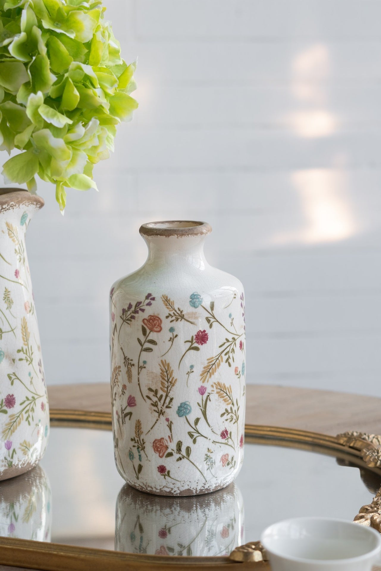 D4.3x8.3" Ceramic Cylinder Vase with Multi-Colored Floral Motifs