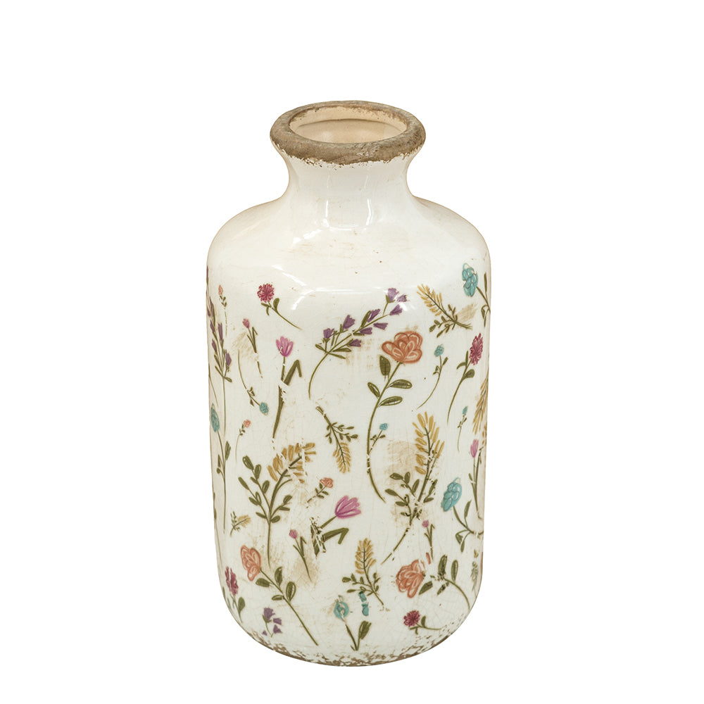 D4.3x8.3" Ceramic Cylinder Vase with Multi-Colored Floral Motifs