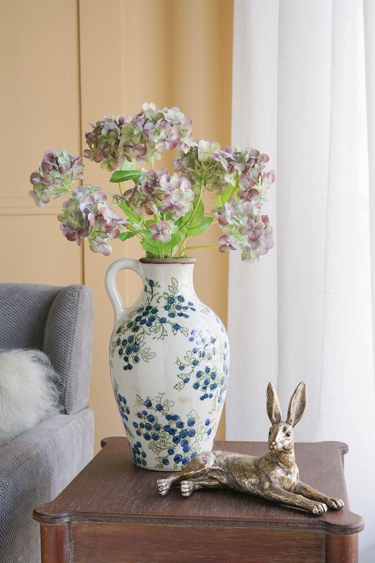 7.5x7.3x12" White Ceramic Vase With Blue Berry Motif