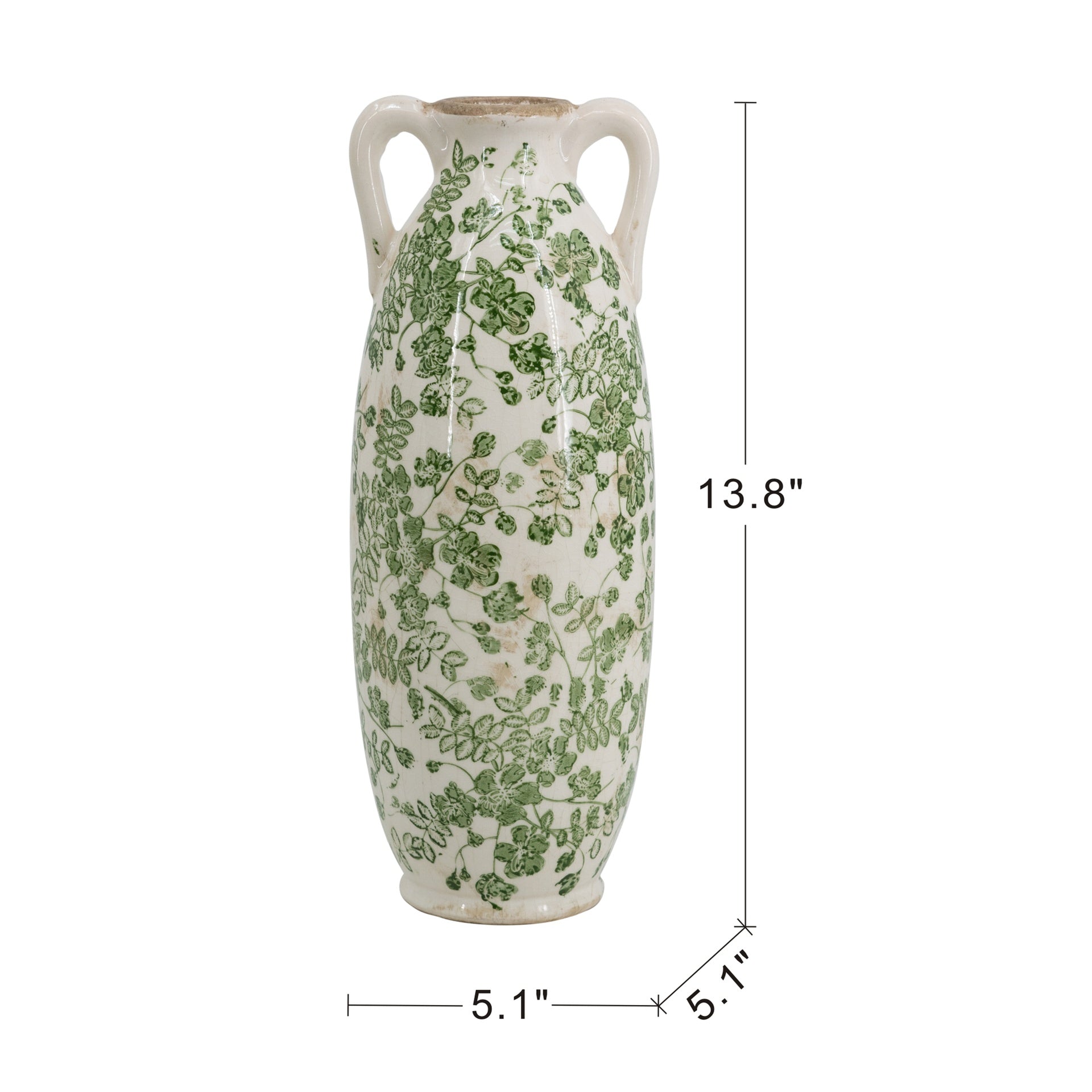 5.1x5.1x13.8" White Ceramic Flower Vase with Green Floral Pattern and Small Handles