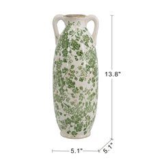 5.1x5.1x13.8" White Ceramic Flower Vase with Green Floral Pattern and Small Handles