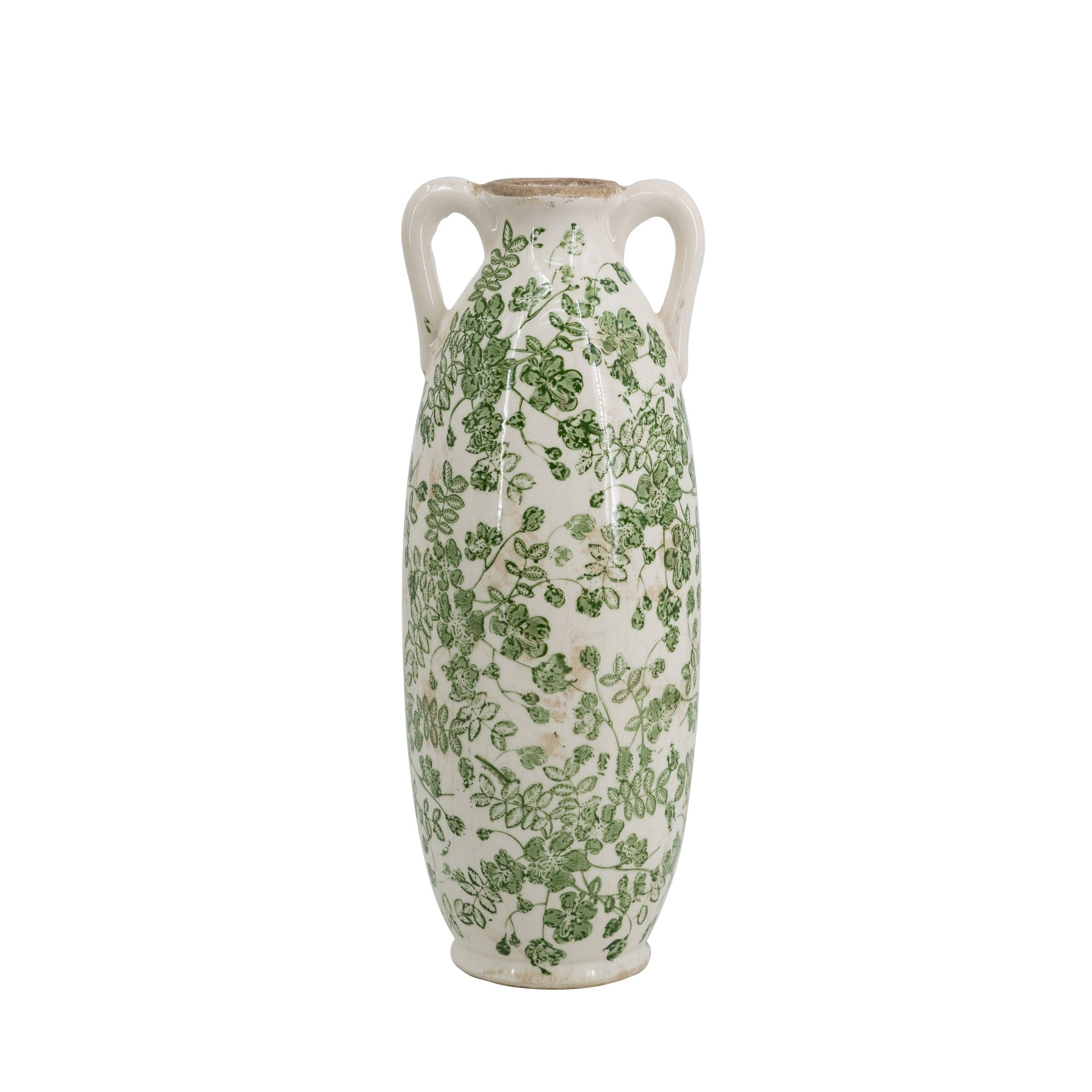 5.1x5.1x13.8" White Ceramic Flower Vase with Green Floral Pattern and Small Handles