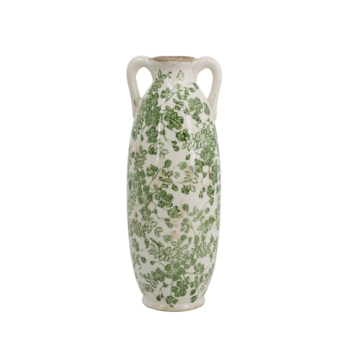 5.1x5.1x13.8" White Ceramic Flower Vase with Green Floral Pattern and Small Handles