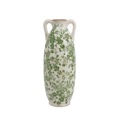 5.1x5.1x13.8" White Ceramic Flower Vase with Green Floral Pattern and Small Handles