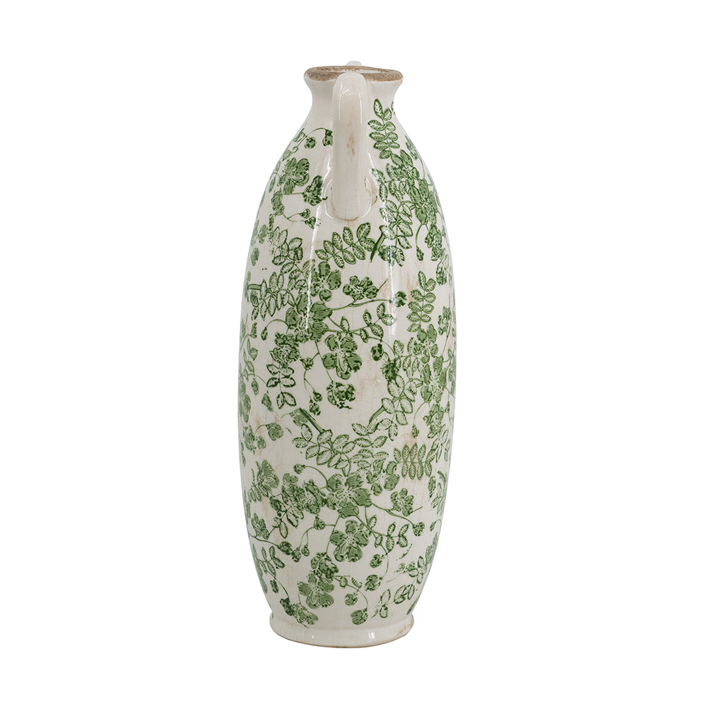 5.1x5.1x13.8" White Ceramic Flower Vase with Green Floral Pattern and Small Handles