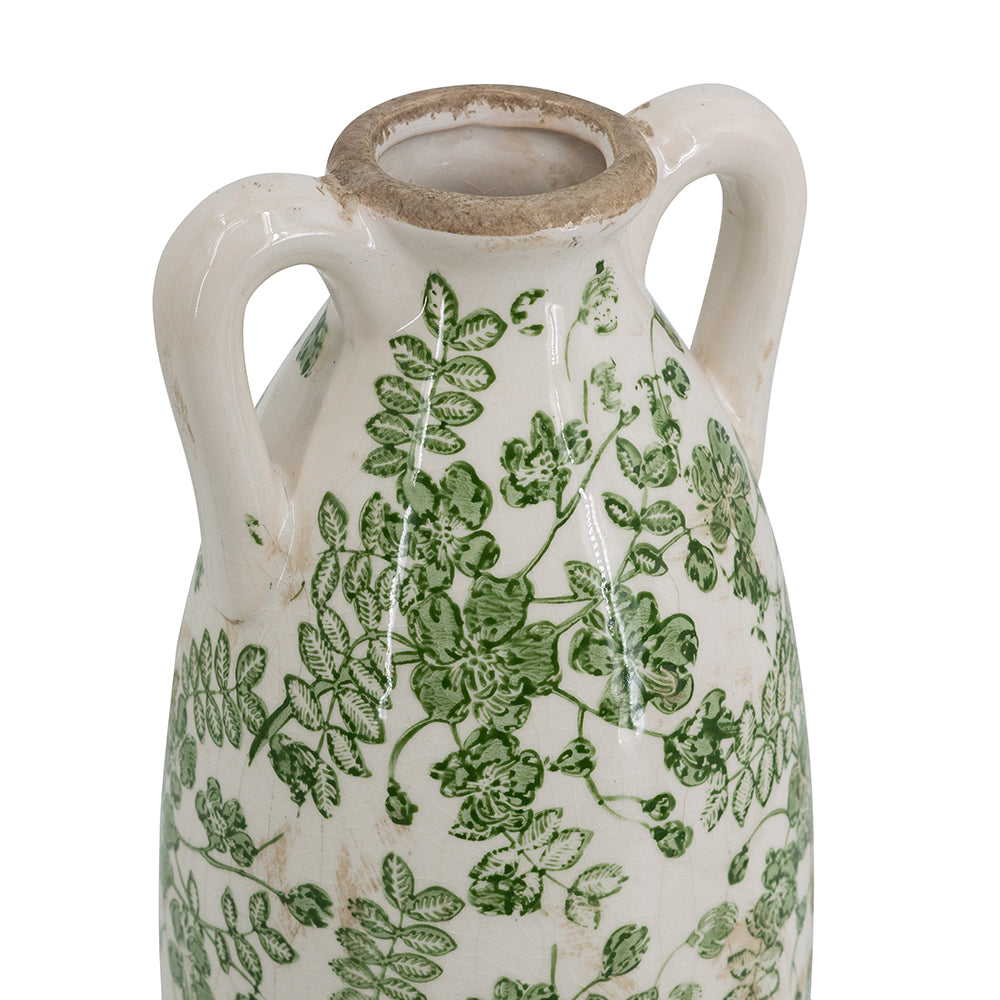 5.1x5.1x13.8" White Ceramic Flower Vase with Green Floral Pattern and Small Handles