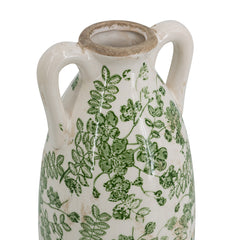 5.1x5.1x13.8" White Ceramic Flower Vase with Green Floral Pattern and Small Handles