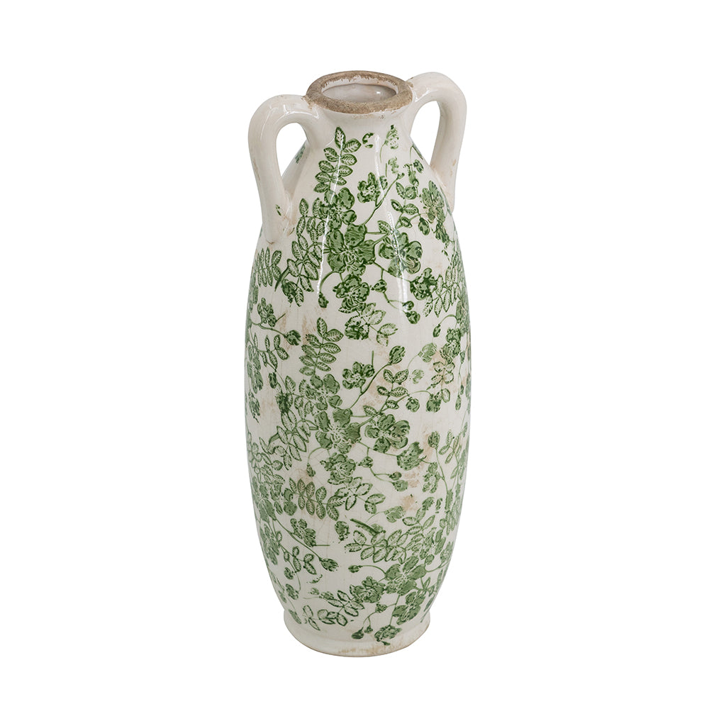 5.1x5.1x13.8" White Ceramic Flower Vase with Green Floral Pattern and Small Handles