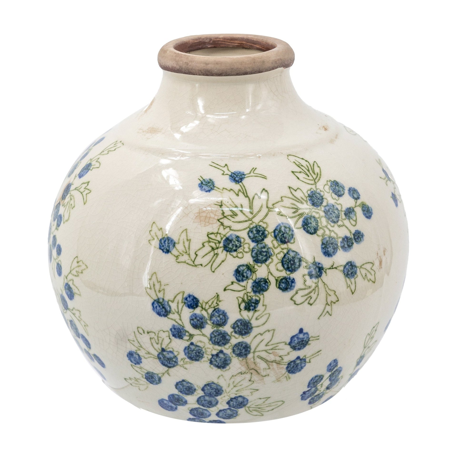 7.9x7.9x7.9" White Ceramic Vase With Blue Berry Motif