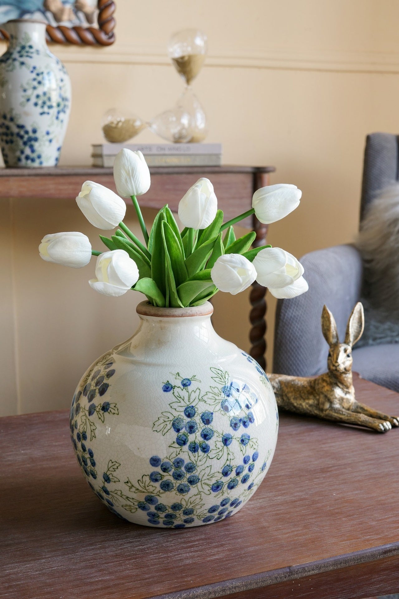 7.9x7.9x7.9" White Ceramic Vase With Blue Berry Motif
