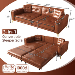 92.1"King Size Pull Out Sofa Bed,3-in-1 Faux Leather Convertible Sleeper Sofa with Ultra Wide Armrests,Tufted Modern Sofa,4-Seater Couch with 2 Pillows for Living Room,Light Brown(Old SKU:W1885S00209)