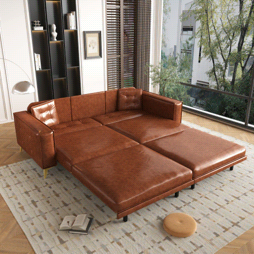 92.1"King Size Pull Out Sofa Bed,3-in-1 Faux Leather Convertible Sleeper Sofa with Ultra Wide Armrests,Tufted Modern Sofa,4-Seater Couch with 2 Pillows for Living Room,Light Brown(Old SKU:W1885S00209)