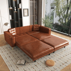 92.1"King Size Pull Out Sofa Bed,3-in-1 Faux Leather Convertible Sleeper Sofa with Ultra Wide Armrests,Tufted Modern Sofa,4-Seater Couch with 2 Pillows for Living Room,Light Brown(Old SKU:W1885S00209)