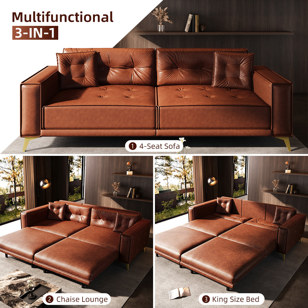 92.1"King Size Pull Out Sofa Bed,3-in-1 Faux Leather Convertible Sleeper Sofa with Ultra Wide Armrests,Tufted Modern Sofa,4-Seater Couch with 2 Pillows for Living Room,Light Brown(Old SKU:W1885S00209)