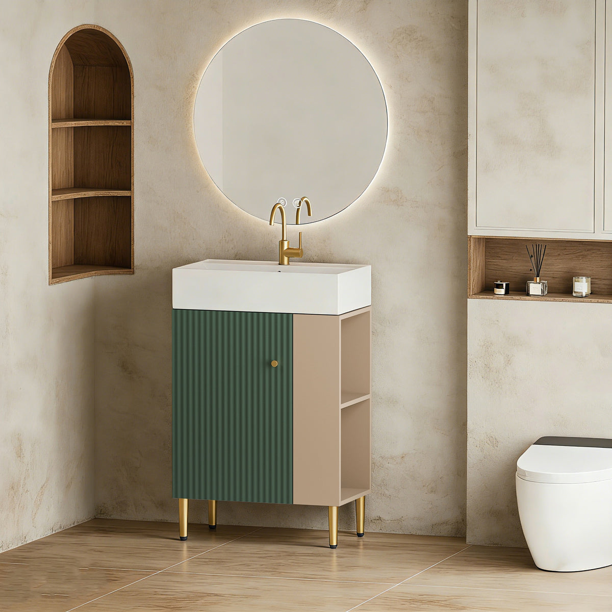 21.6" Open-Shelving Vanity with Ceramic Sink and Soft-Close Door, Cloakroom Storage Cabinet on Right Side, Assembly Required, Green Finish. 24VB06-21LVR CONTACT SELLER FOR STOCK-W1920S00190
