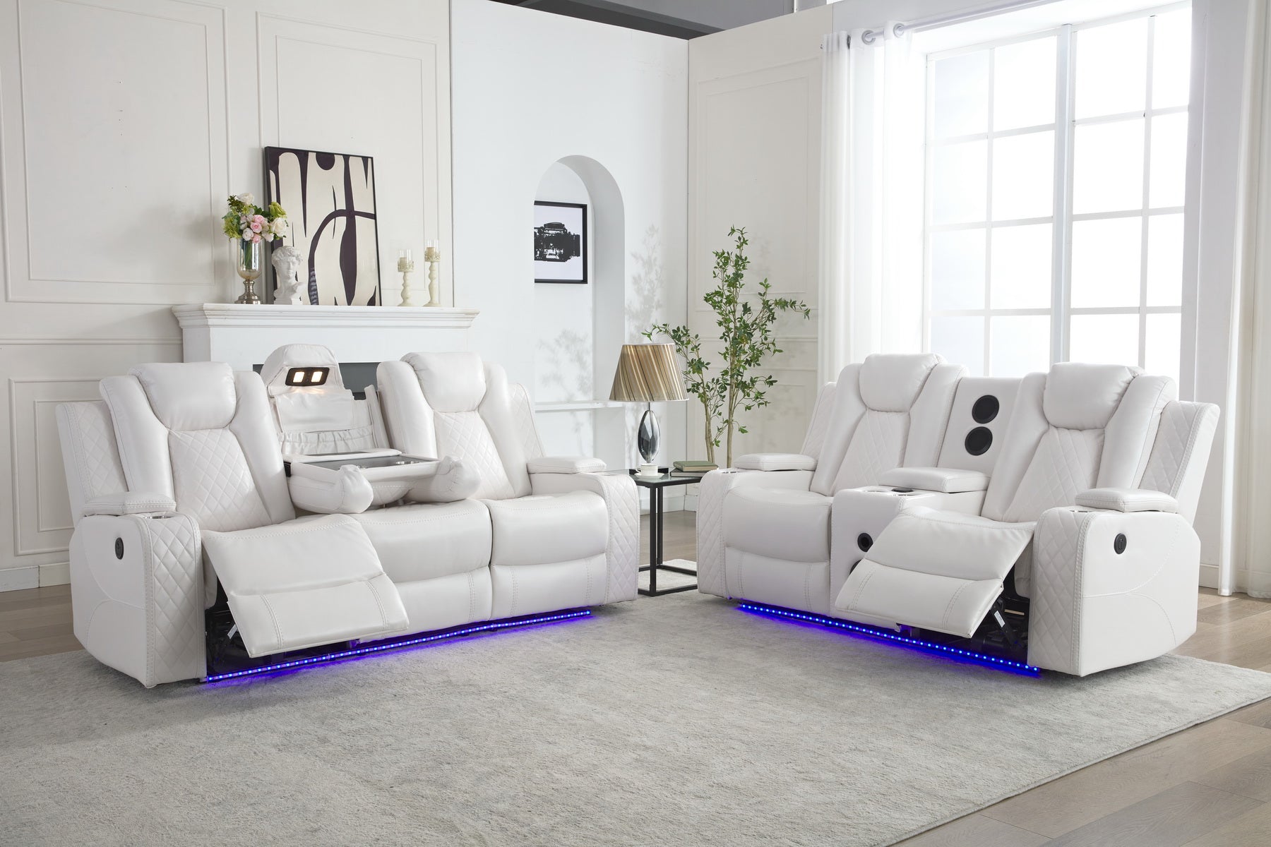 MSPM070 3+2 Power reclining sofa with DDT / LED Strip / reading light / USB charging port / cup holders / storage WHITE color