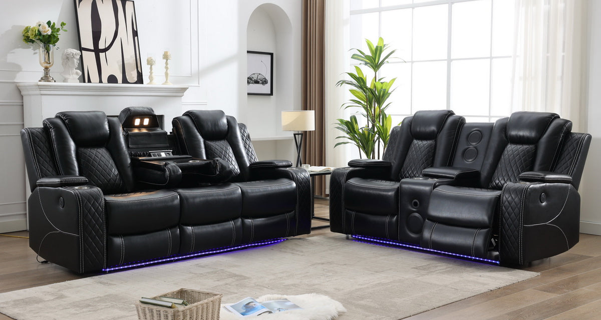 MSPM070 3+2 Power reclining sofa with DDT / LED Strip / reading light / USB charging port / cup holders / storage BLACK color