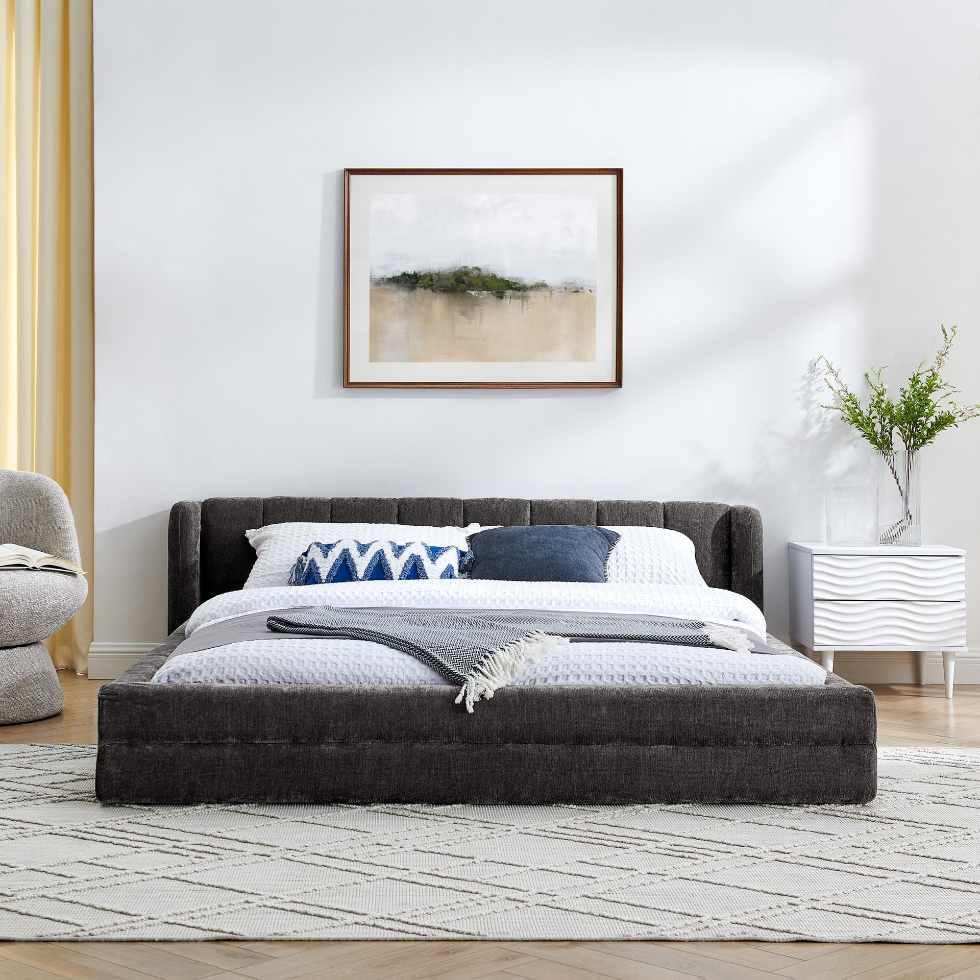 Queen Size Upholstered Bed Frame with Thick Fabric, Chenille Fabric Grounded Queen Size Platform Bed with Headboard and Solid Frame-DARK GREY(87''*67''*23.5'')