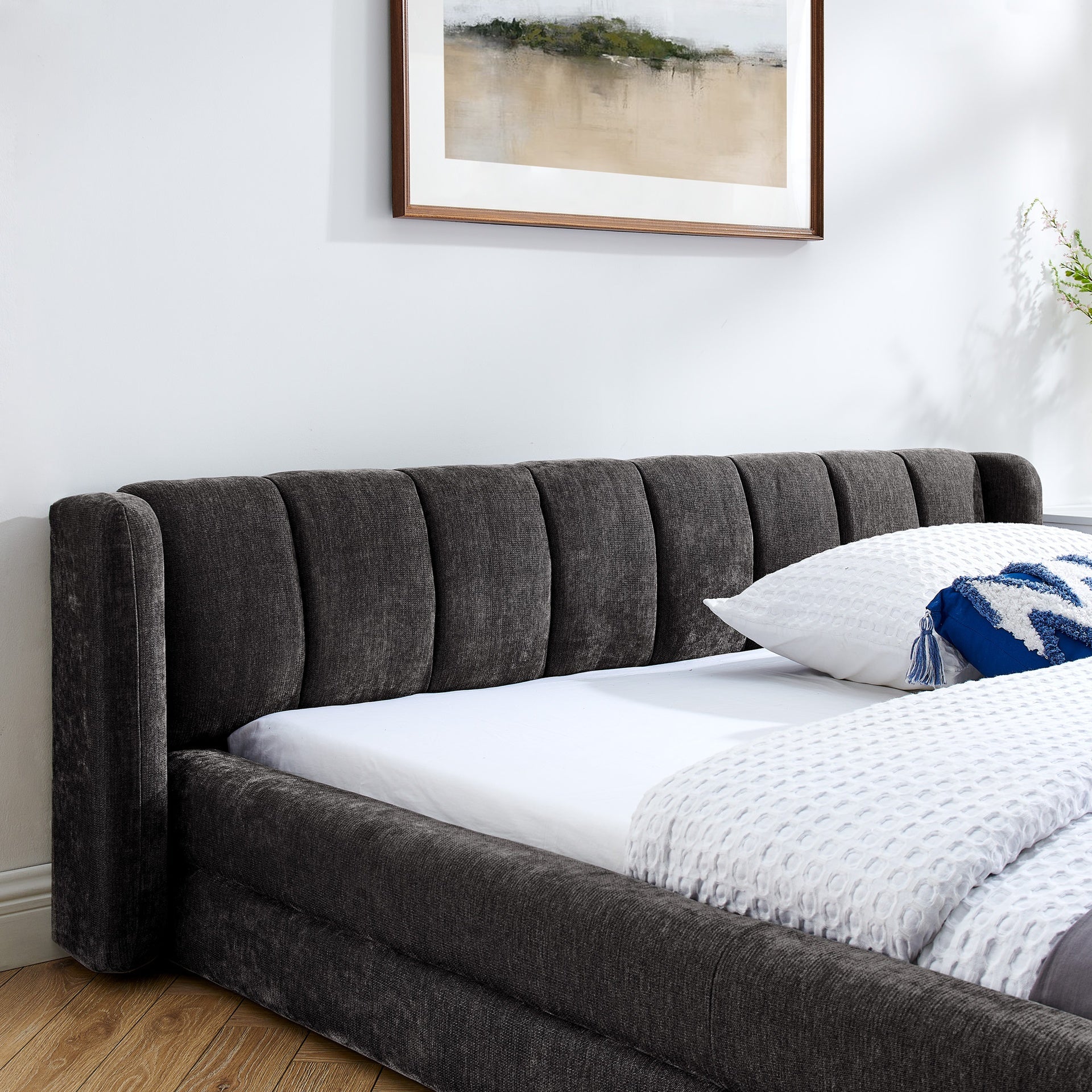 Queen Size Upholstered Bed Frame with Thick Fabric, Chenille Fabric Grounded Queen Size Platform Bed with Headboard and Solid Frame-DARK GREY(87''*67''*23.5'')