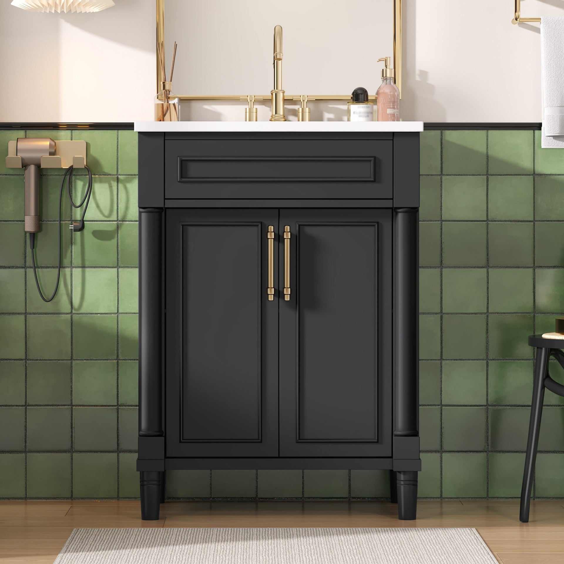 24" Bathroom Vanity with Integrated Ceramic Sink, Bathroom Cabinet with 2 Doors, Single Sink Bathroom Vanity for Small and Medium Restroom