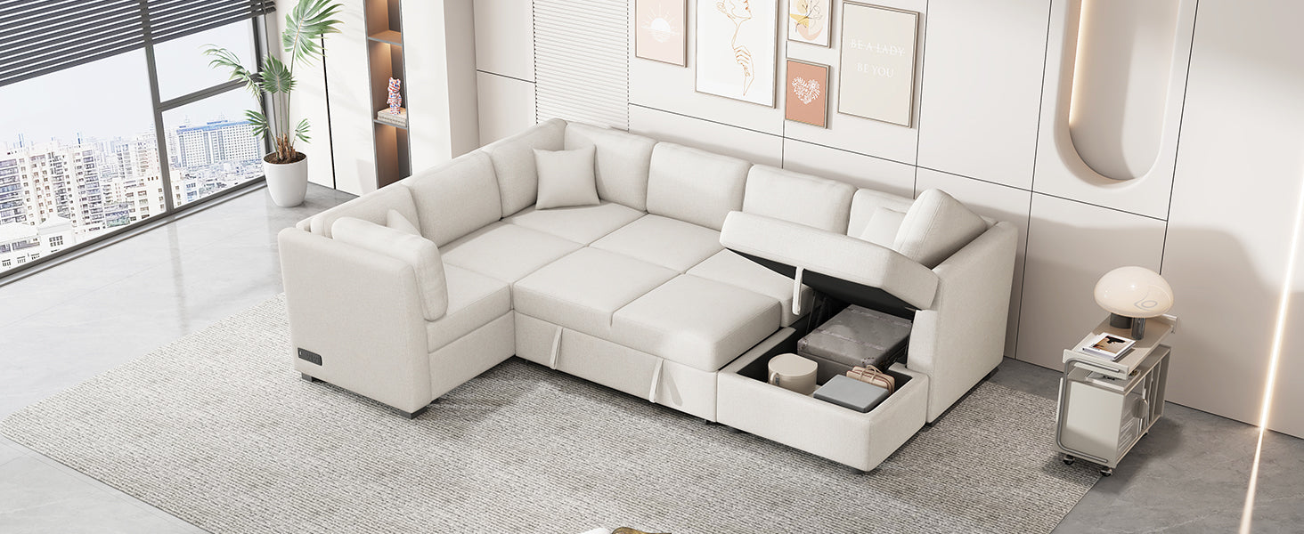 108.6" U-shaped Sectional Sofa Pull out Sofa Bed with Two USB Ports, Two Power Sockets, Three Back Pillows and a Storage Chaise for Living Room, Beige
