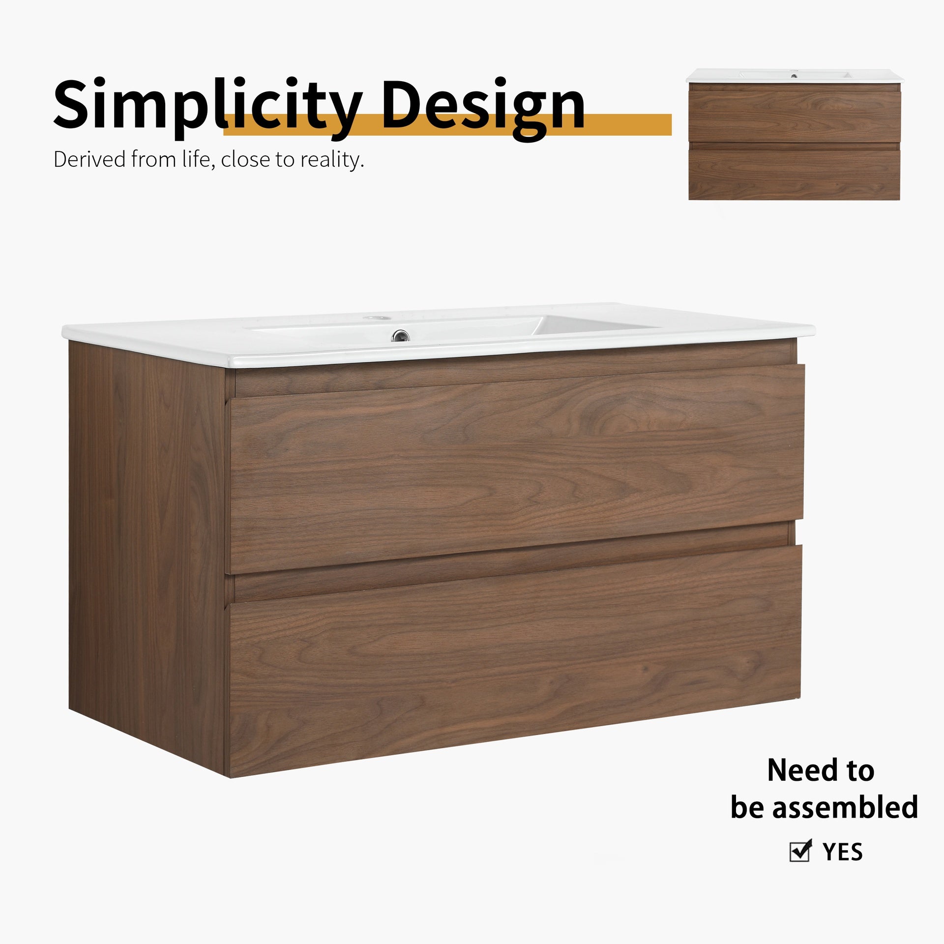 36" Wall-Mounted Bathroom Vanity With Ceramic Sink, 2-Soft Close Drawers, KD-Package