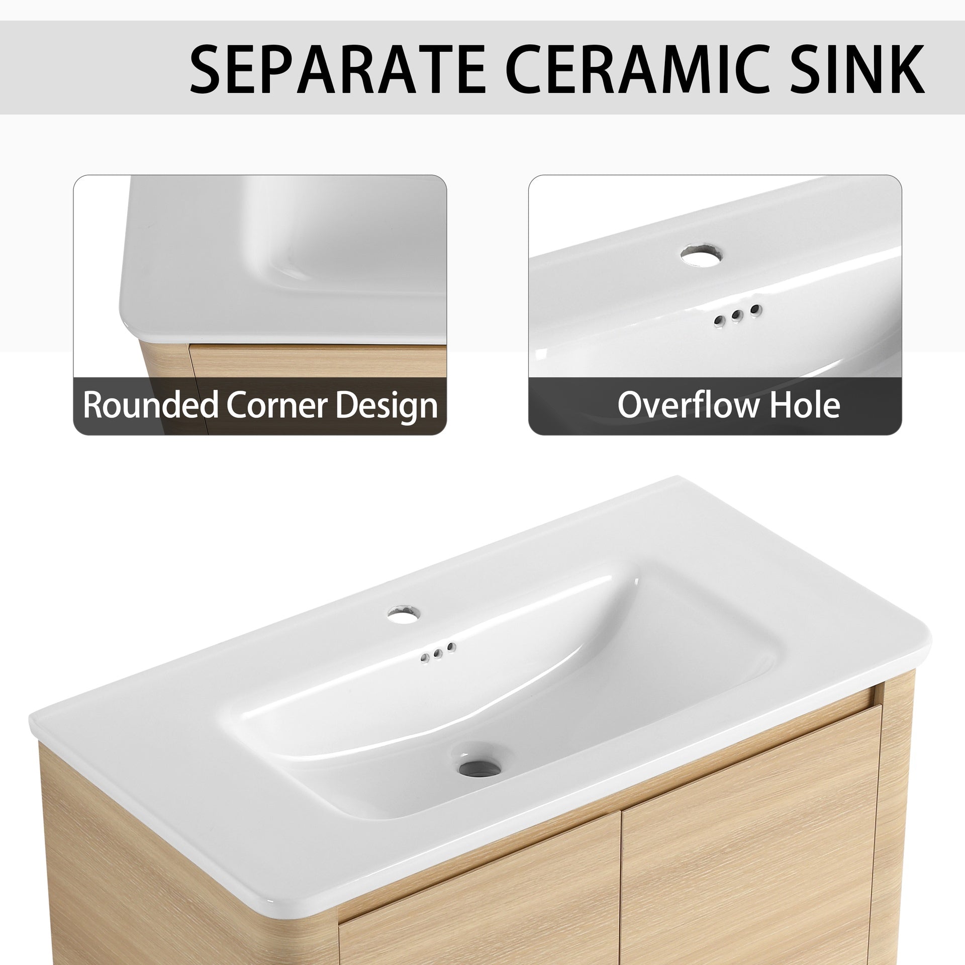 36'' Freestanding Bathroom Vanity with White Ceramic Sink & 2-Soft-Close Door, KD-Packing, Plywood